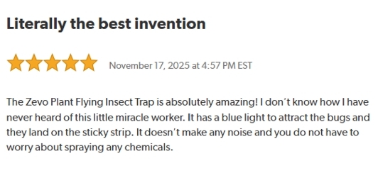 Literally the best invention.
Rated: 5 stars on November 17, 2025 at 4:57 PM EST.
The Zevo Plant Flying insect trap is absolutely amazing! I don't know how I have never heard of this little miracle worker.
It has a blue light to attract the bugs and they land on the sticky strip. It doesn't make any noise and you do not have to worry about spraying any chemicals.