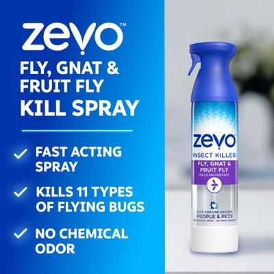 Zevo Fly, Gnat, and Fruit Fly Spray is fast acting, kills 11 types of flying bugs, and has no chemical odor.