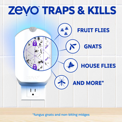 Zevo traps & kills mosquitoes, fruit flies, gnats, house flies, fungus gnats and non-biting midges.
