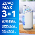 Zevo Max 3-in-1 lures bugs with UV and blue light, traps bugs behind a curved shield, and kills bugs so you don't have to.